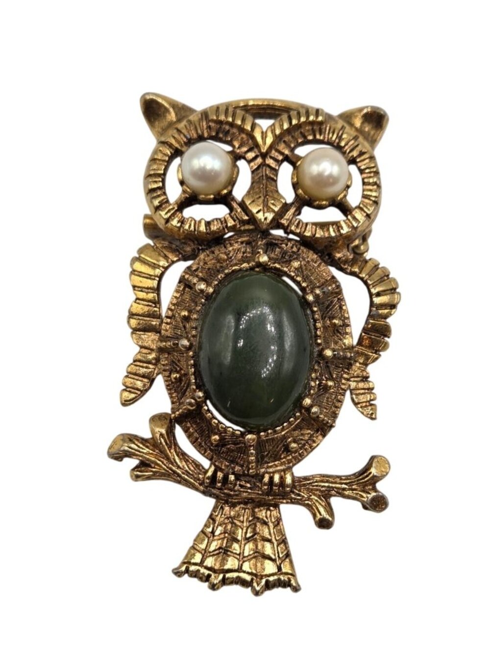Vintage Gold-Tone Owl Brooch With Green Cabochon & Faux Pearl Eyes